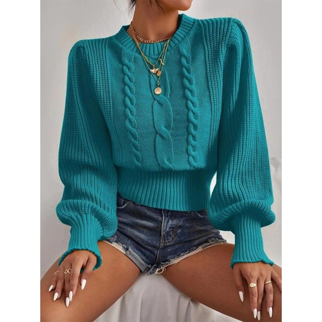 Düz Renk Örme Kazak Kadın Yuvarlak Yaka Kazak Fener Kol Üst