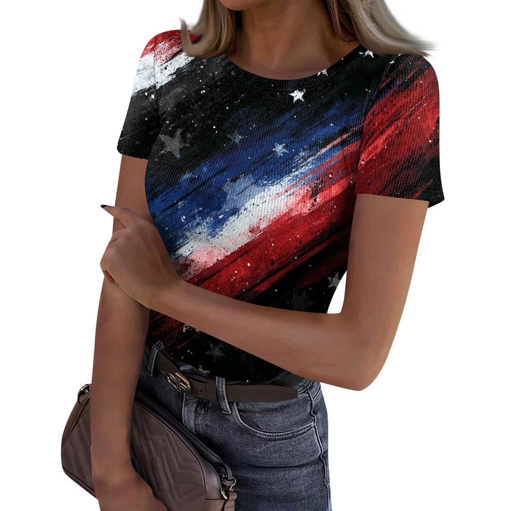 Women's Casual Fashion Round Neck Independence Day Print Short-Sleeve Ribbed Top
