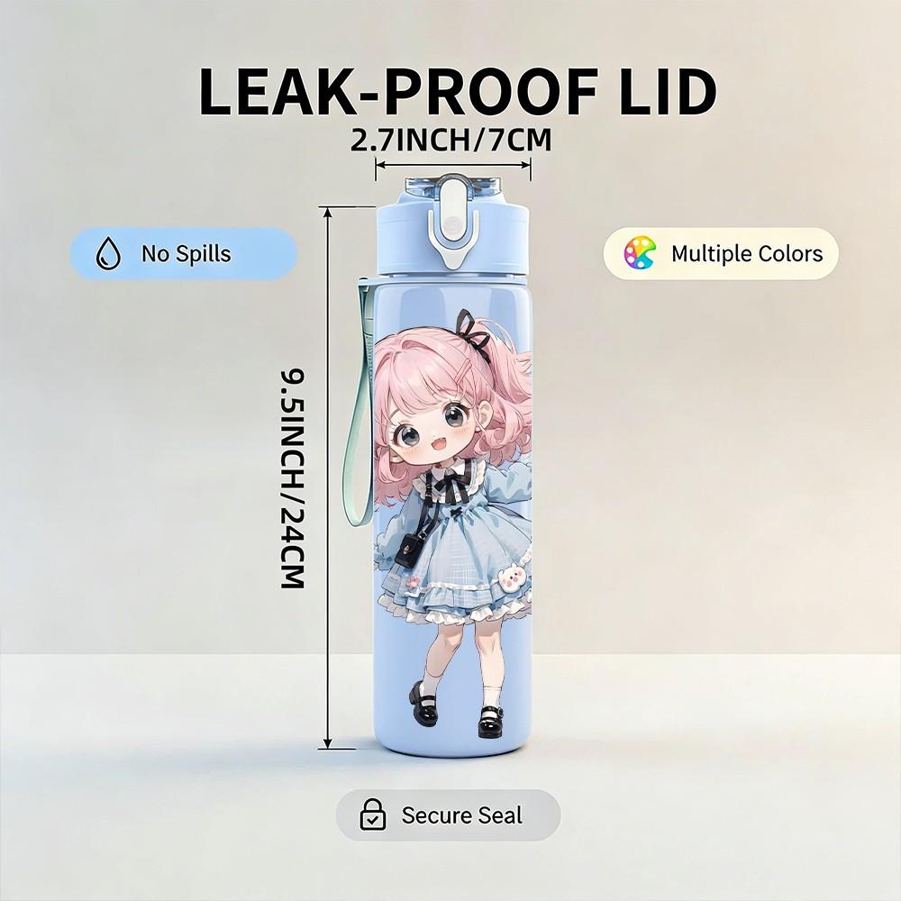 1PC Pink Hair Girl Blue Bubble Pattern 750ml Color Plastic Sports Water Bottle Leakproof Flip Straw Lid Suitable for Sports Office Home Use