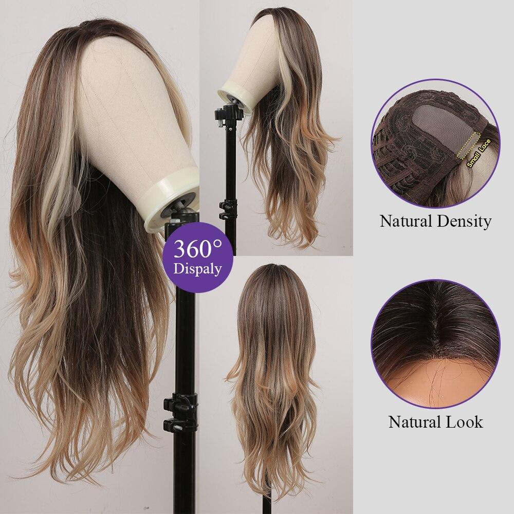 ALAN EATON Ombre Brown Blonde Wave Wigs for Women Synthetic Hand-tied Hairline Part Lace Wig Natural Looking Heat Resistant Wig