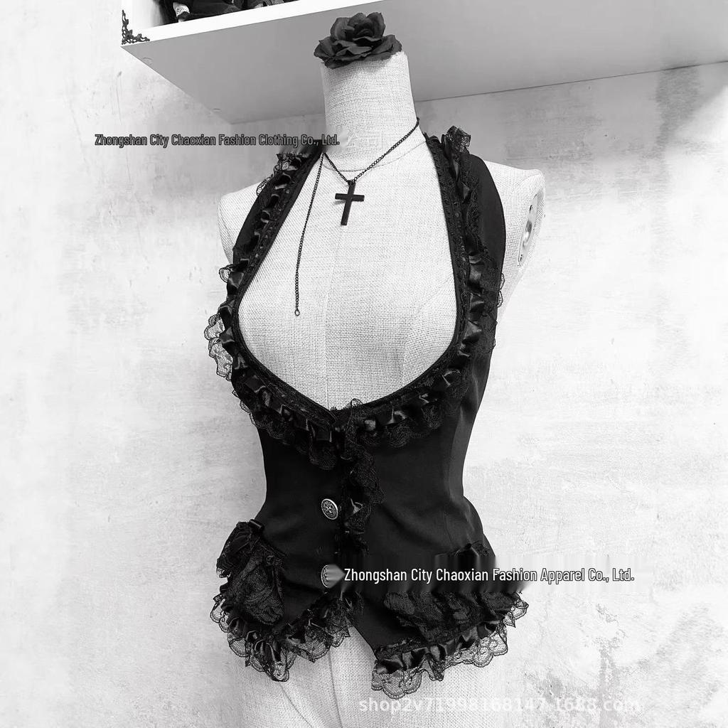 Women's Gothic Black Lace Halter Top: Slimming, Waist-Cinching, Sleeveless, Chic Dark Aesthetic