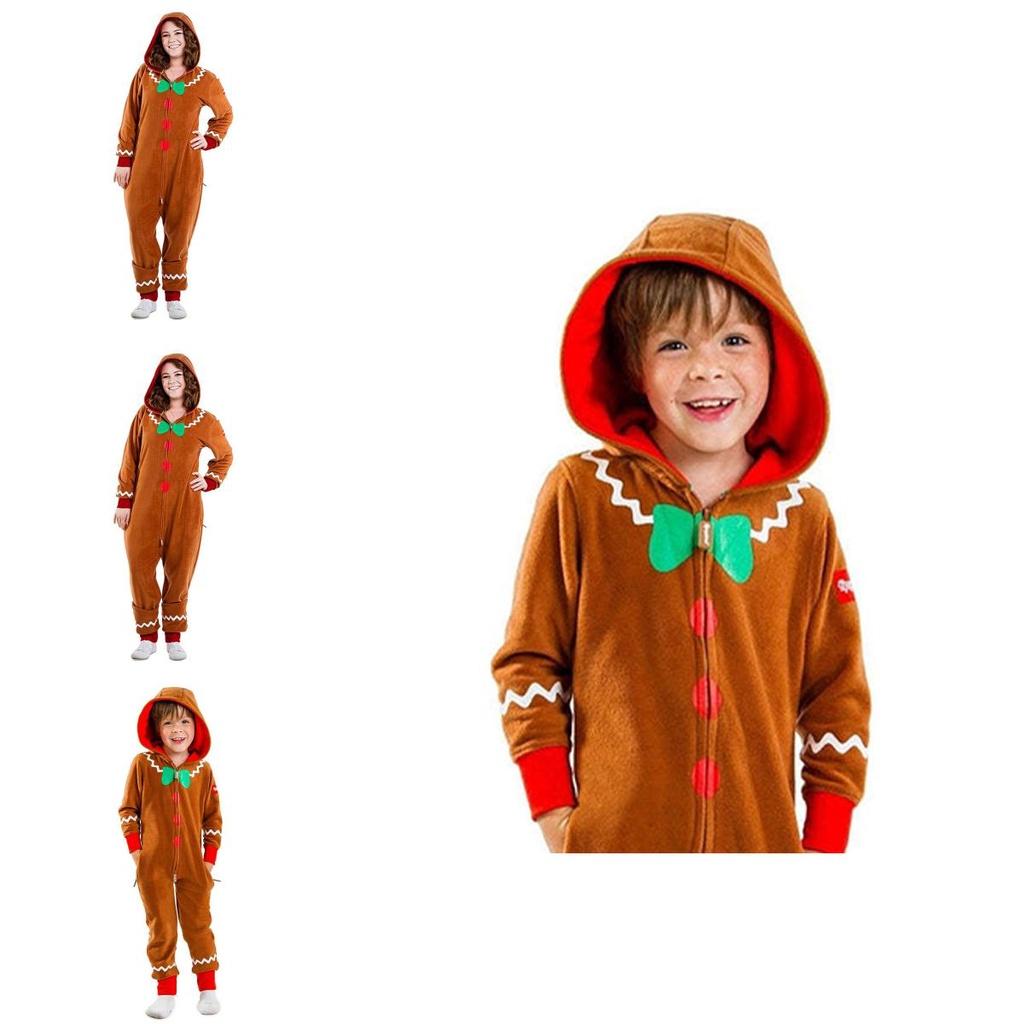 Unisex Cosplay Xmas Party Clothes Christmas Gingerbread Man Costume Hooded Jumpsuits