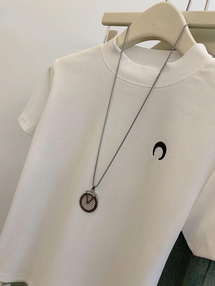 Korean Style Women's Embroidered Cotton Short Sleeve Stand Collar T-shirt