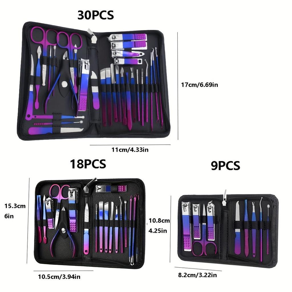9/18/30 Pieces Dazzling Stainless Steel Manicure Set, Nail Clippers Eyebrow Scissors Pedicure Tools Dead Skin Scissors, Nail Tools