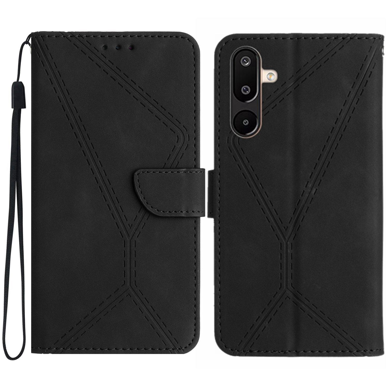 

For Samsung Galaxy M36 5G Case Skin Touch Lines Imprinted PU Leather Flip Phone Cover Black