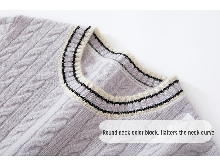 Women's Cashmere Color Block Short Sleeve Round Neck Loose Cable Knit Sweater
