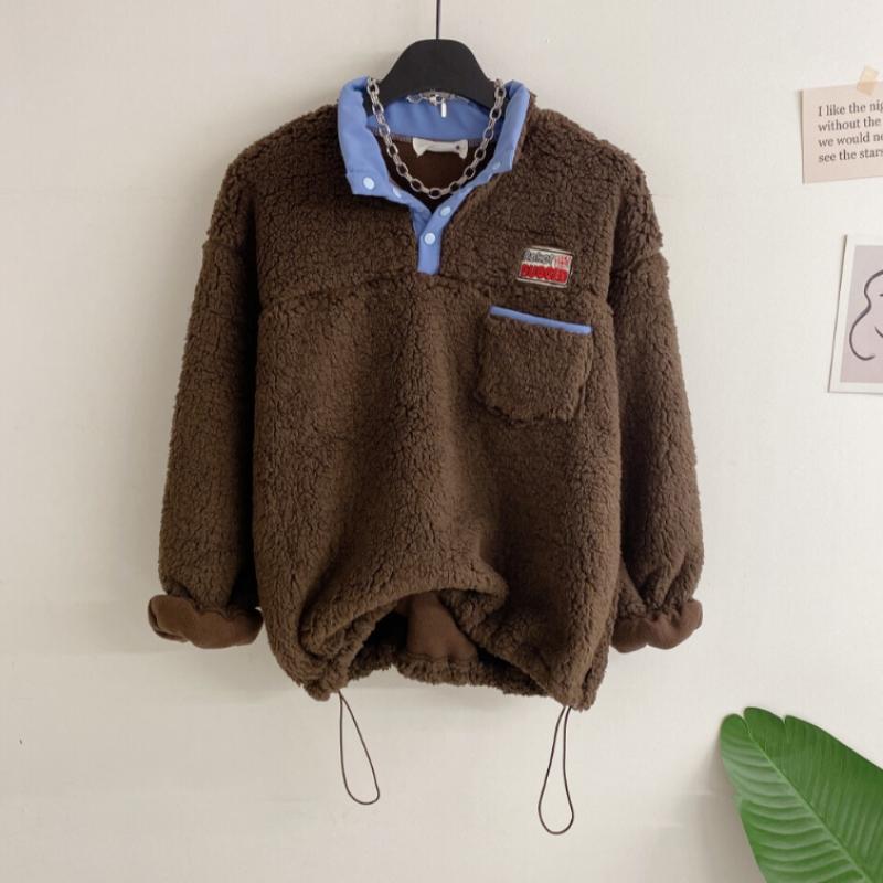 Honey J Bruma Wool Blend Color Block Pocket String Sweatshirt  2 Color 