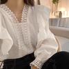 Women's French Style Shirt with Lace and Lace V-neck Patchwork Ruffle Edge Loose Casual Bubble Sleeve Shirt