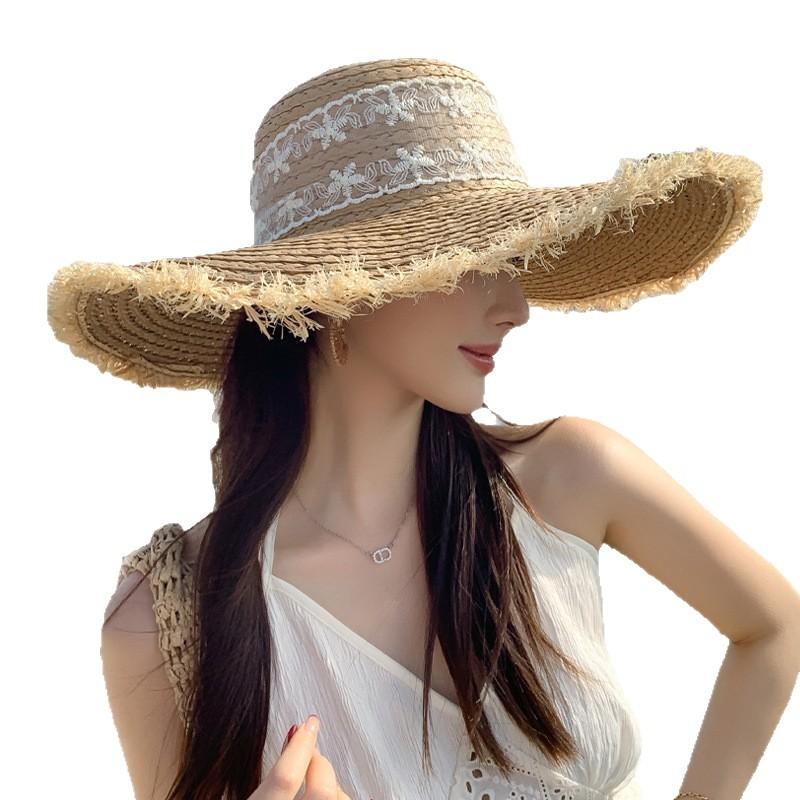 Spring and summer rough edge straw hat fashionable streamer large brim hat women's breathable sunshade straw woven face small sunscreen hat
