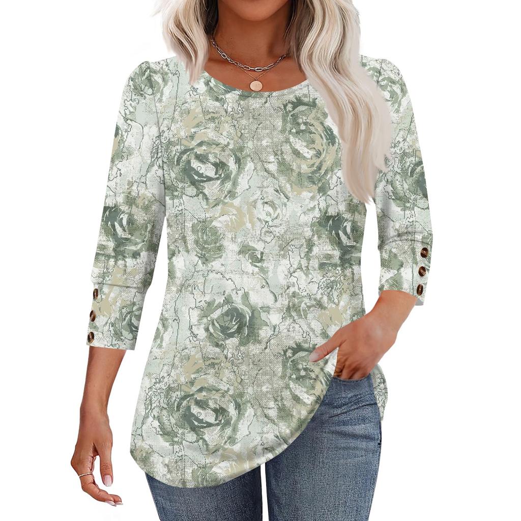 Womens Tops 3/4 Sleeve With Buttons Casual Blouses Summer Outfits Beach Vacation Clothes