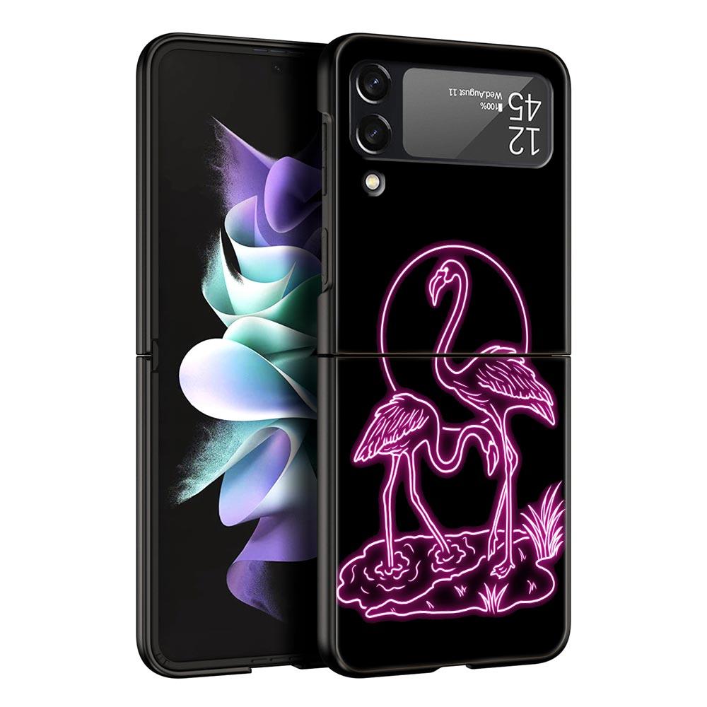 Phone Case for Samsung Galaxy Z Flip 3 4 5 Folding Mobile Shell Hard PC Fundas Capa Protect Cover Flamingo Neon Flower Wave Art