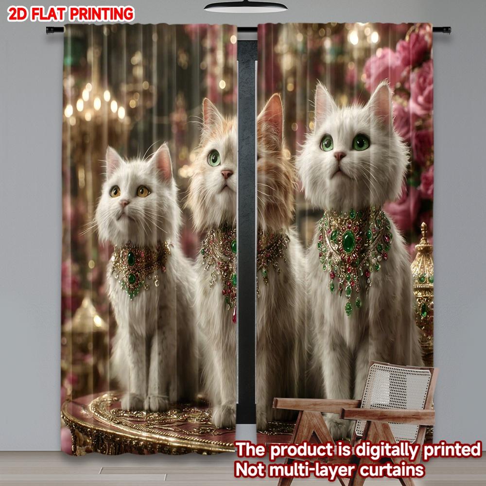 Set Of 2 Royal Cat Curtains White Cats Gemstone Collars Gold Pink Floral Background Luxurious Living Room Decor Curtain Polyester Ideal For Great
