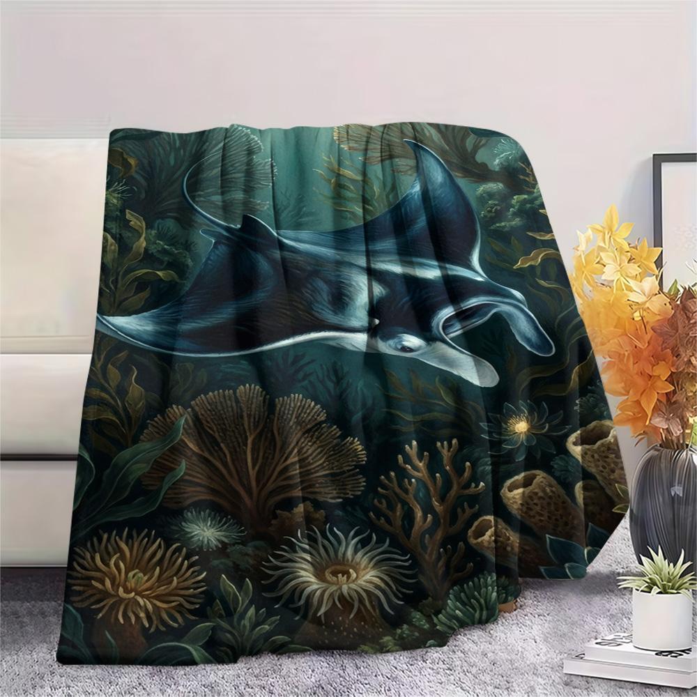 1PC Floral Water Scene Print FlAannel Blanket, High quality Comfortable for All Seasons, Home Decor, Warmth and Comfort