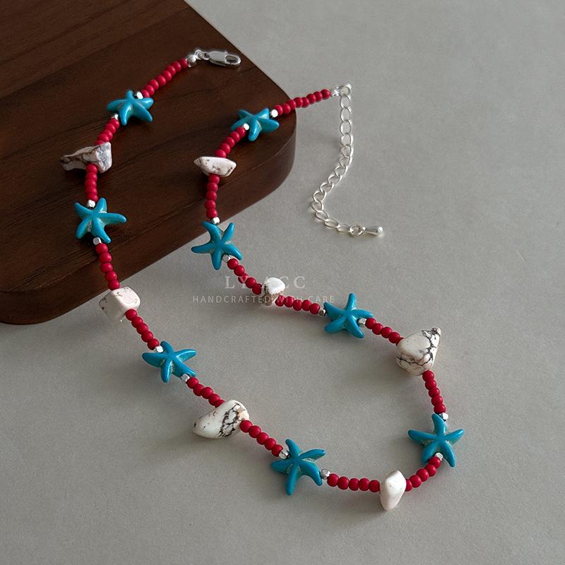 Red and blue contrasting colors starfish turquoise handmade beaded necklace seaside vacation wind adjustable chain length atmosphere collarbone chain