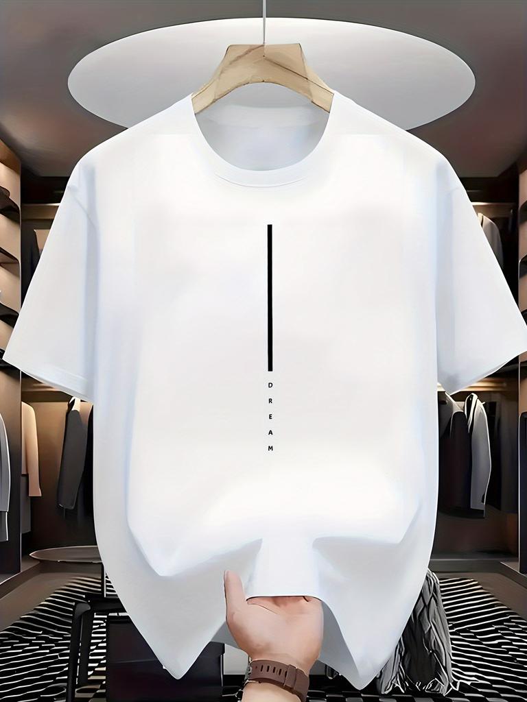 Men'S Casual T-Shirt,  Regular Fit, Round Neck, Summer Fashion, Knitted with Letter Pattern, Stretch Fabric, Adult Size