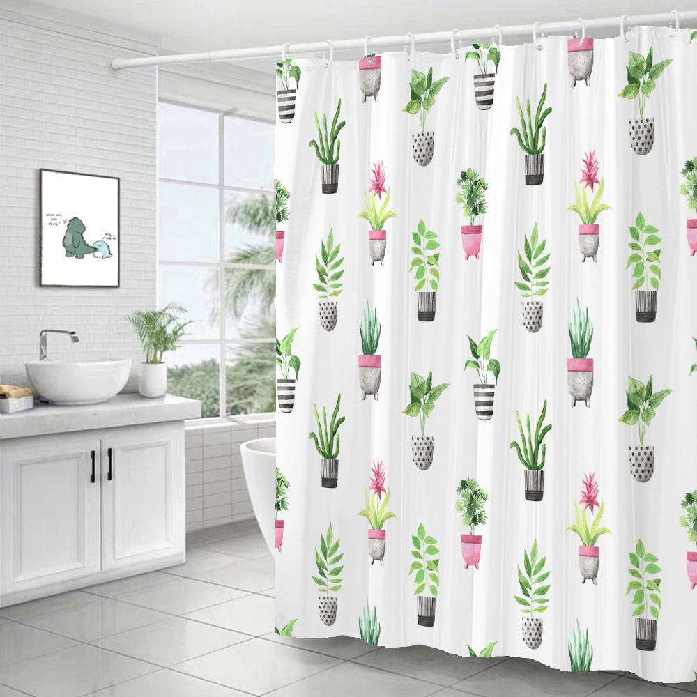 Small Fresh Plant Cactus Leaves Print Shower Curtain Polyester Fabric Bath Curtain With Hooks Curtains For Bathroom Decoration