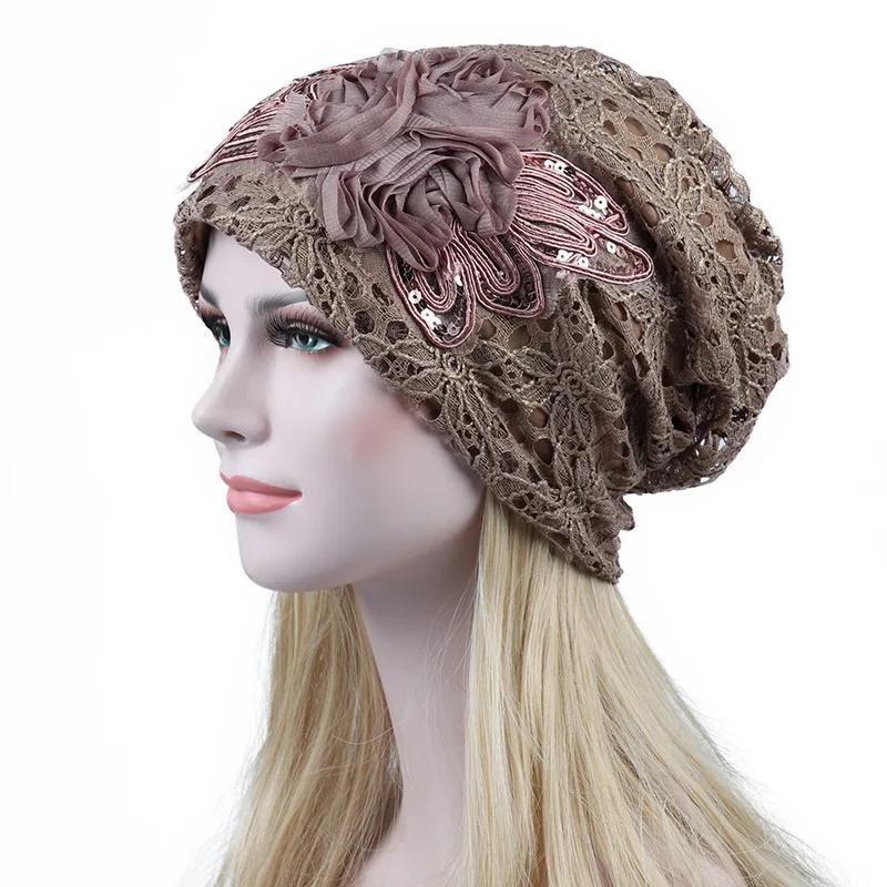 Elegant Women Sequins Lace Turban Cap Flowers Muslim Headwear Hat Female Head Wraps Ladies Headscarf Bonnet Turbante Mejur