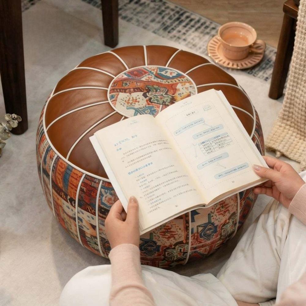 PU Leather Footstool Cover Boho Pattern Storage Ottoman New Round Pouf Cover Living Room