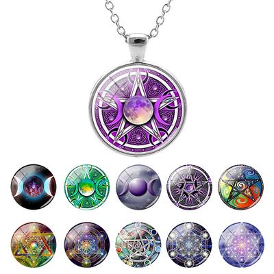 Triple Moon Goddess Wicca Round Glass Pendant Long Link Chains Necklaces Vintage Pattern Art Jewelry For Women Men