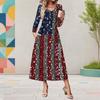Women Plus Size V Neck Long Sleeve Blue Printed A Line Midi Dress With Pockets