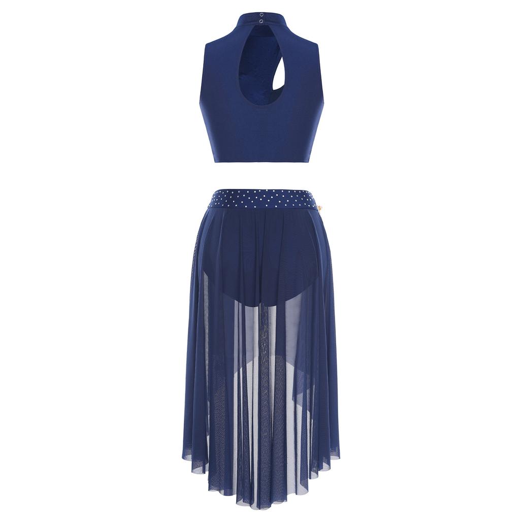 Embroidery Applique Dancewear Set for Women S-XXL: Sleeveless Hollow Crop Top & Irregular Mesh Hem Briefs-Type Skirt
