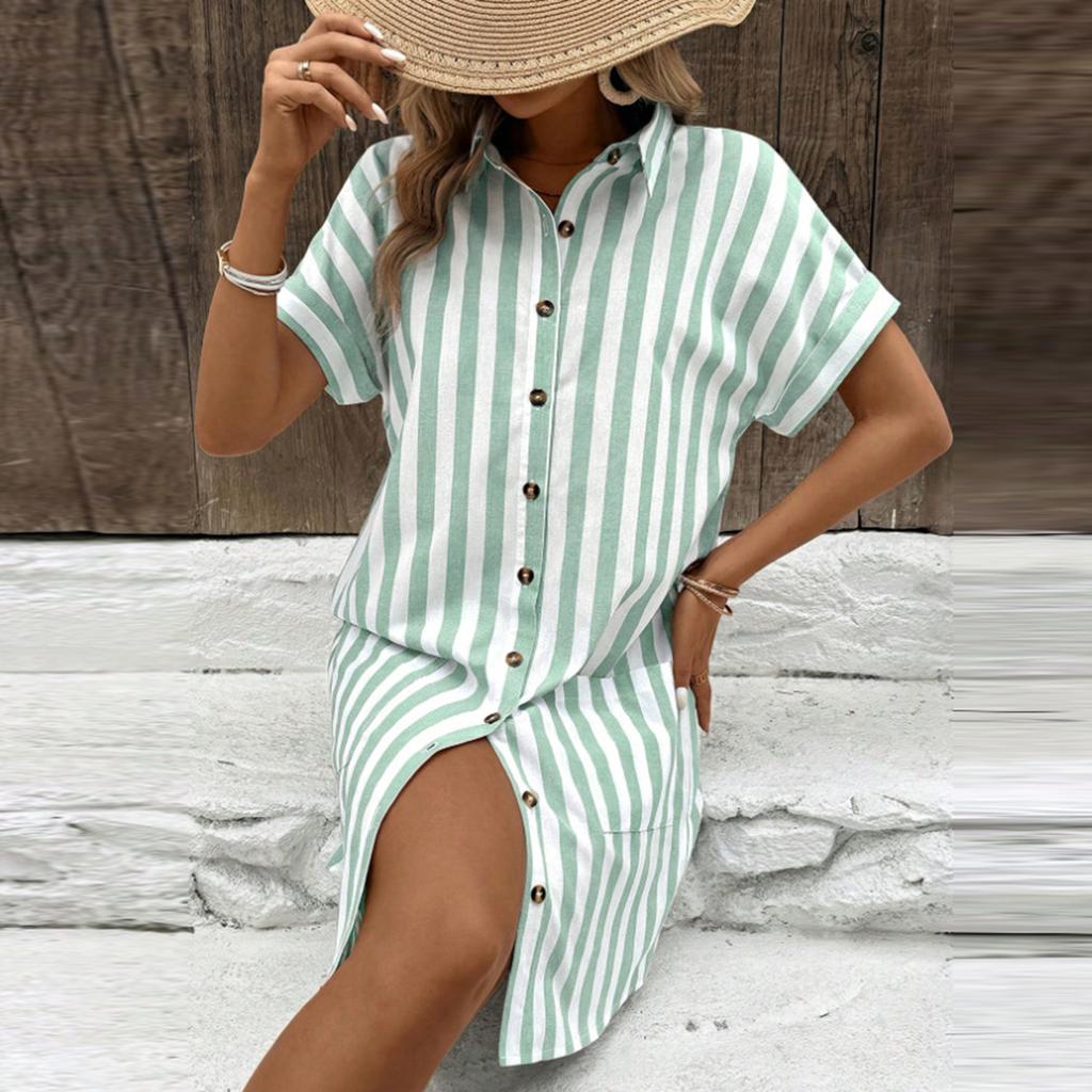 Women's Striped Shirt Dress Short Sleeve Button Front Casual Loose Fit Dress With Pockets