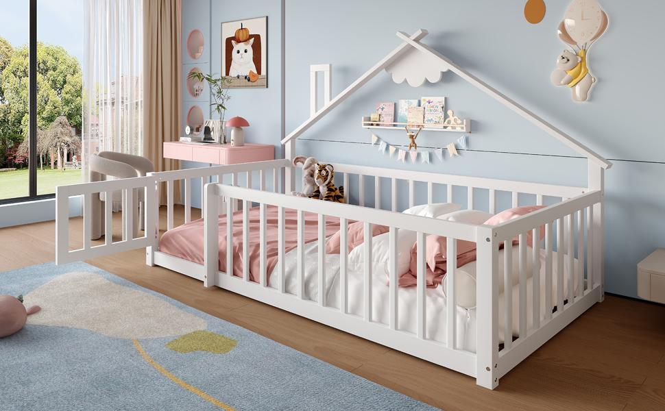 Letto Basso, 90x190 cm, Letto per Bambini, Sponda a Casa, Sponda con Blocco, Legno di Pino, Bianco