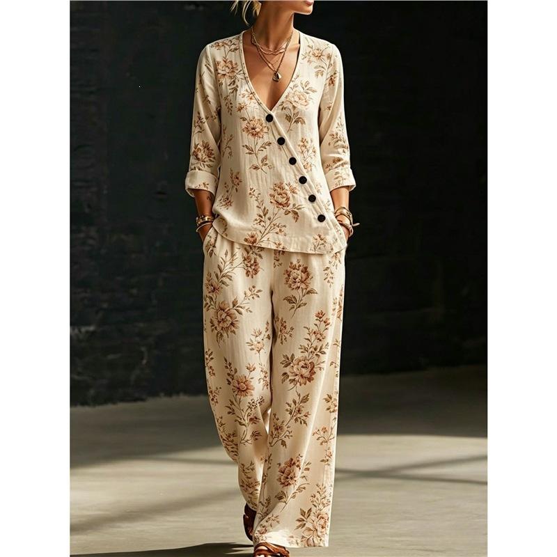 Summer new pink flamingo print V-neck diagonal shirt wide-leg pants two-piece set women's casual suit