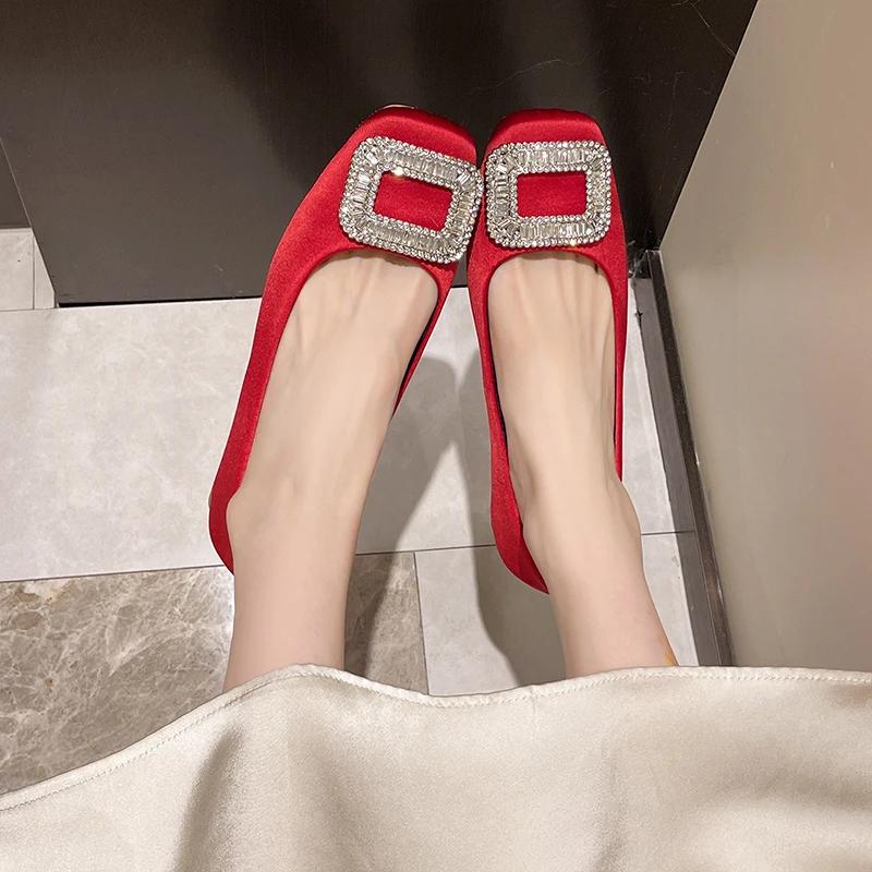 Women Shoes Autumn Black Flats Shallow Mouth Square Toe Crystal Casual Female Sneakers Buckle Low Heels Ladies' Footwear Fall Nu