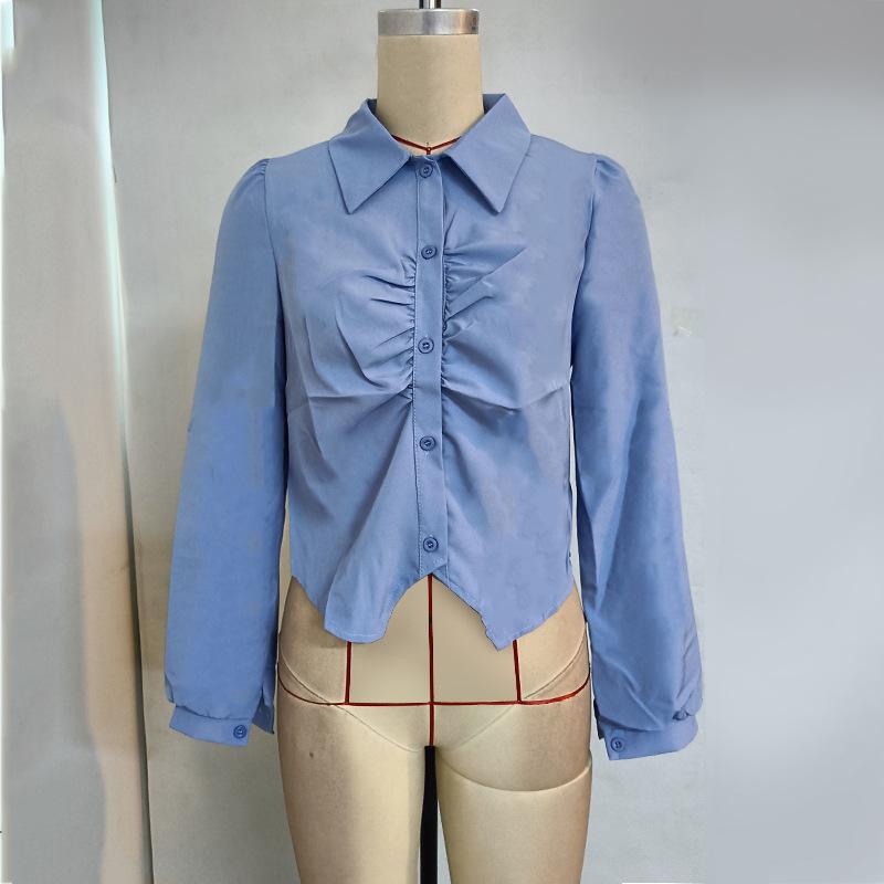 Women's Autumn Solid Colour Cardigan Lapel Long Sleeve Pleated Button Shirt