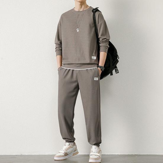 2Pcs/Set Men Spring Autumn Outfit Waffle Texture O-neck Long Sleeve Tops Elastic Waist Pockets Sweatpants Solid Color Casual Outfit