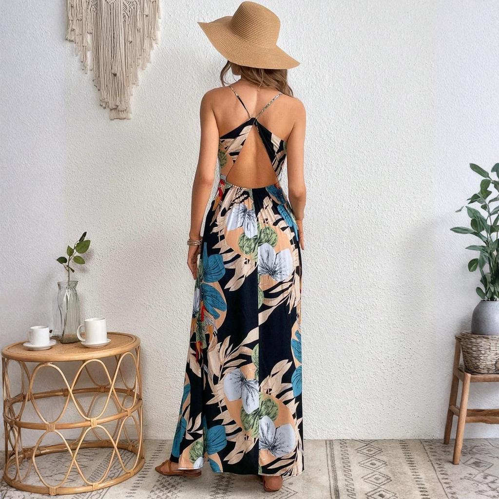 Damen Boho Tropischer Print Spaghettiträger Maxikleid mit hohem Schlitz V-Ausschnitt Lässiges Sommerkleid