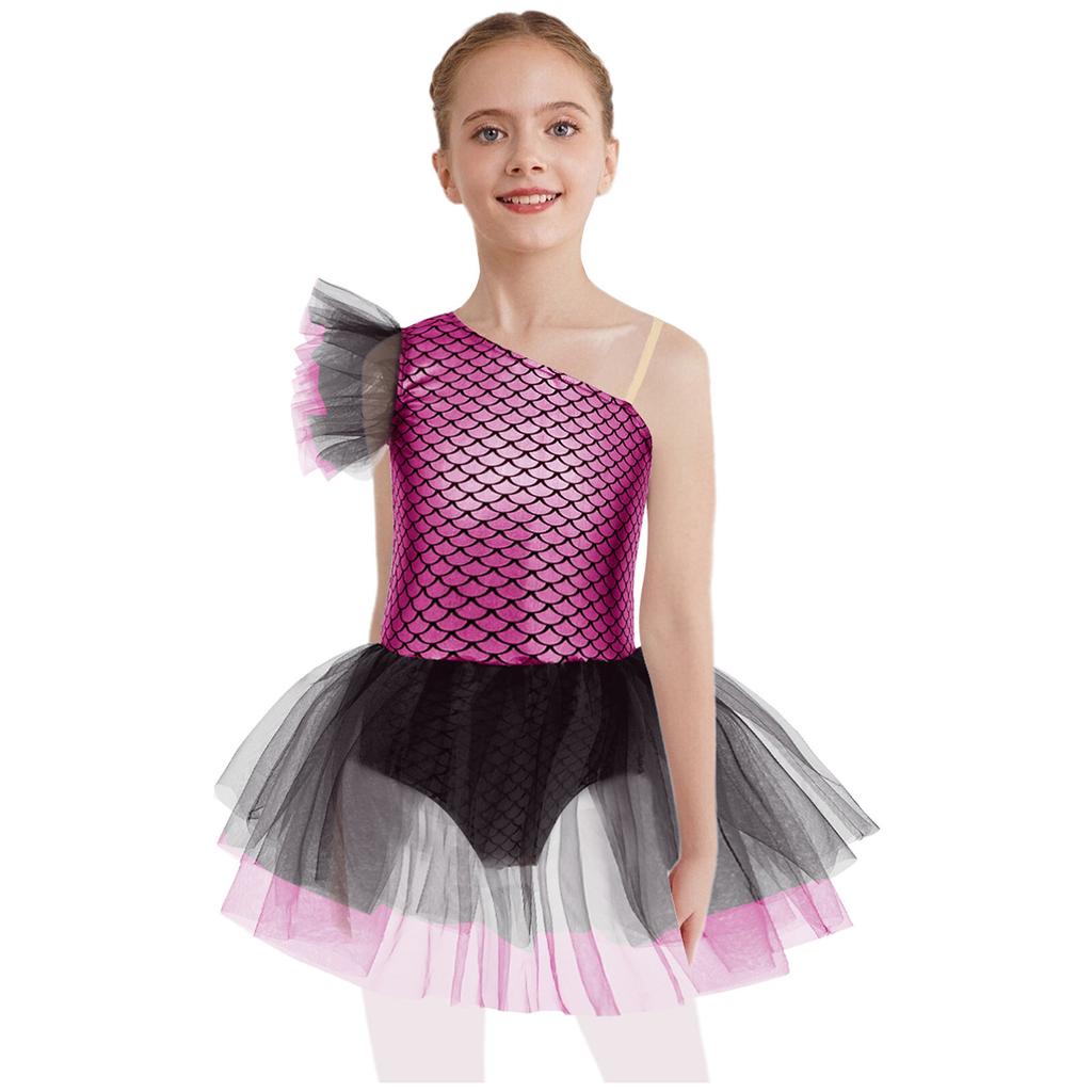 Halloween-Ballettkostüm für Mädchen: Ein-Schulter-Meerjungfrauen-Fischschuppen-Print Tüllkleid, Ärmelloser Tanz-Leotard & Camisole