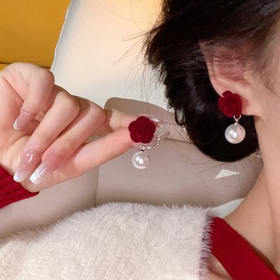 Brincos de Flor Rosa Pérola Vermelho Vinho Retrô Casamento Ano Joia Brinco