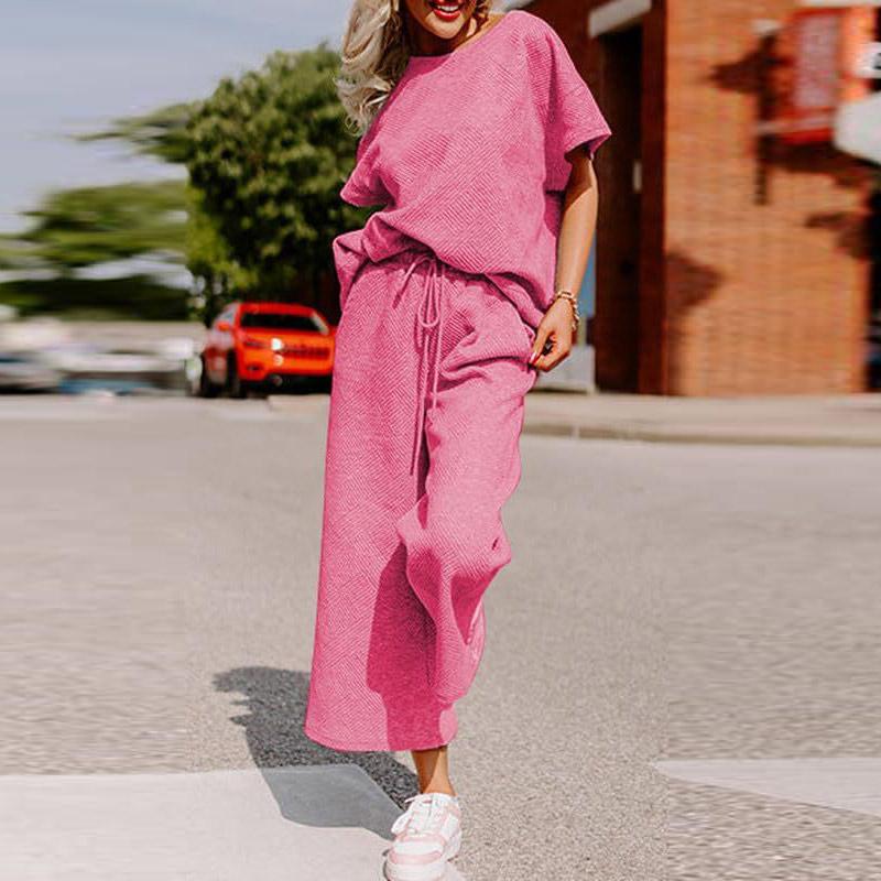 Sets for Women Summer Lounge Sets O-Neck Tops Wide Leg Crop Pants Vacation Travel Outfits