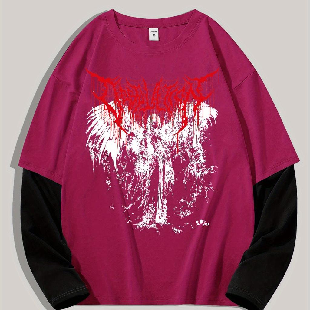 Gotische Duistere Engel Mode Print Heren Lente Kleurblok Lange Mouw T-shirt