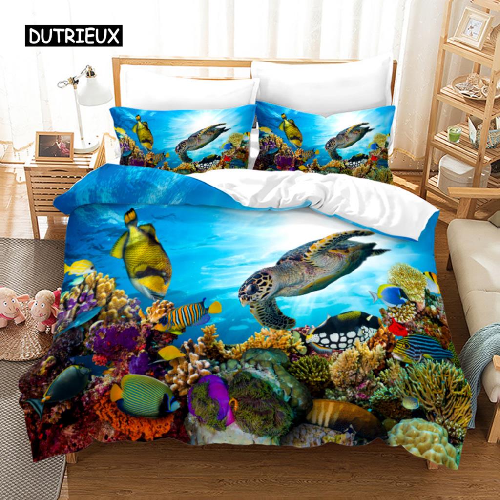 Ocean Duvet Cover Set Polyester Underwater World Clownfish Shark Quilt Cover Sea Animal Theme Double Queen King Size Bedding Set