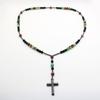 Collana Rosario con Perle Occhio di Tigre Naturale e Pietra Vulcanica, Ciondolo a Croce in Lega, Lunga Catena per Maglione, Gioielli Religiosi alla Moda Unisex