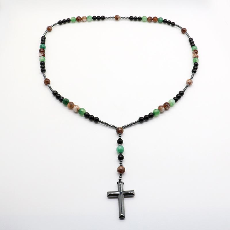 Collana Rosario con Perle Occhio di Tigre Naturale e Pietra Vulcanica, Ciondolo a Croce in Lega, Lunga Catena per Maglione, Gioielli Religiosi alla Moda Unisex