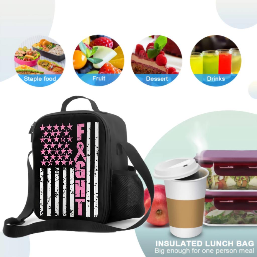 Breast Cancer Awareness Flag Lunch Bag with Adjustable Shoulder Strap Insulated Lunch Box Cooler Thermal Tote Bag for Women