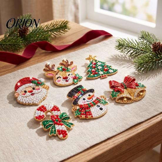 Clothing Embellishment Brooch 6Pcs/Set DIY Christmas Rhinestone Painting Kit, Santa Snowman Reindeer Tree Candy Cane Badge Bell Pin, Holiday