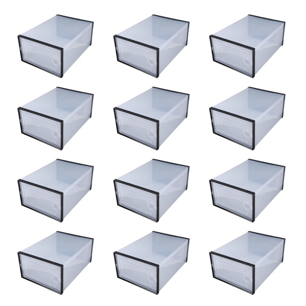 12 Pack Shoe Boxes Plastic Clear Stackable Shoe Storage Organizer Display Case with Lid for Closet Black Frame