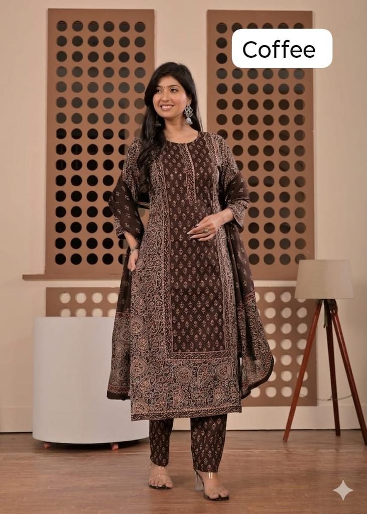 Heavy Cotton Women's Kurti Pant Dupatta Set Indian Designer Top Tunic Kurta Set