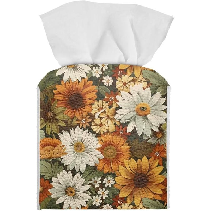 Rose Gold Print Tissue Box Cover Pink, Leather Square Tissue Box Holder for Decoration Facial Tissue Boxes with Bottom Belt Floral Print-yellow
