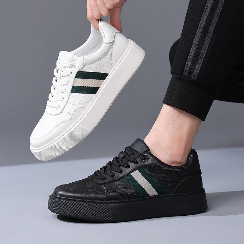Trendy 2025 Men's Genuine Leather Sports Sneakers: White Soft Sole, Thick Sole Casual Shoes