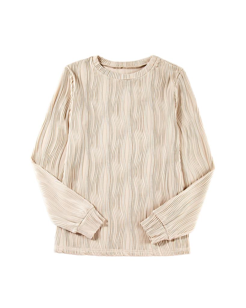 Azura Exchange Apricot Textured Wavy Round Neck Long Sleeve Top