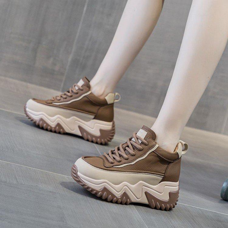 Thick-soled Heightening Women's Shoes Autumn and Winter New Small High-top Short Boots Women's Casual Leather Dad Shoes Women