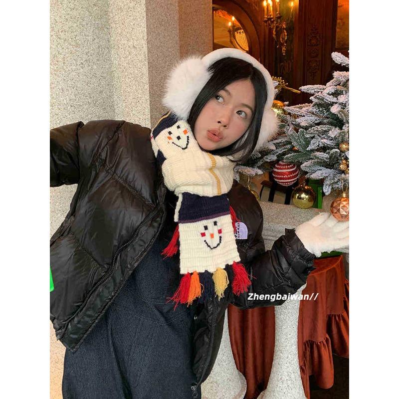 

New Smiling Face Colorful Tassel Knitted Scarf for Women in Winter Warm and Versatile Contrasting Color Striped Couple Scarf Trendy 150*10cm