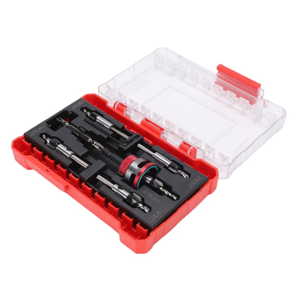 Countersink Drill Bit Set Kit with Limit Adjustable Depth Stepped for Concealed Screws Wood Metal Red
