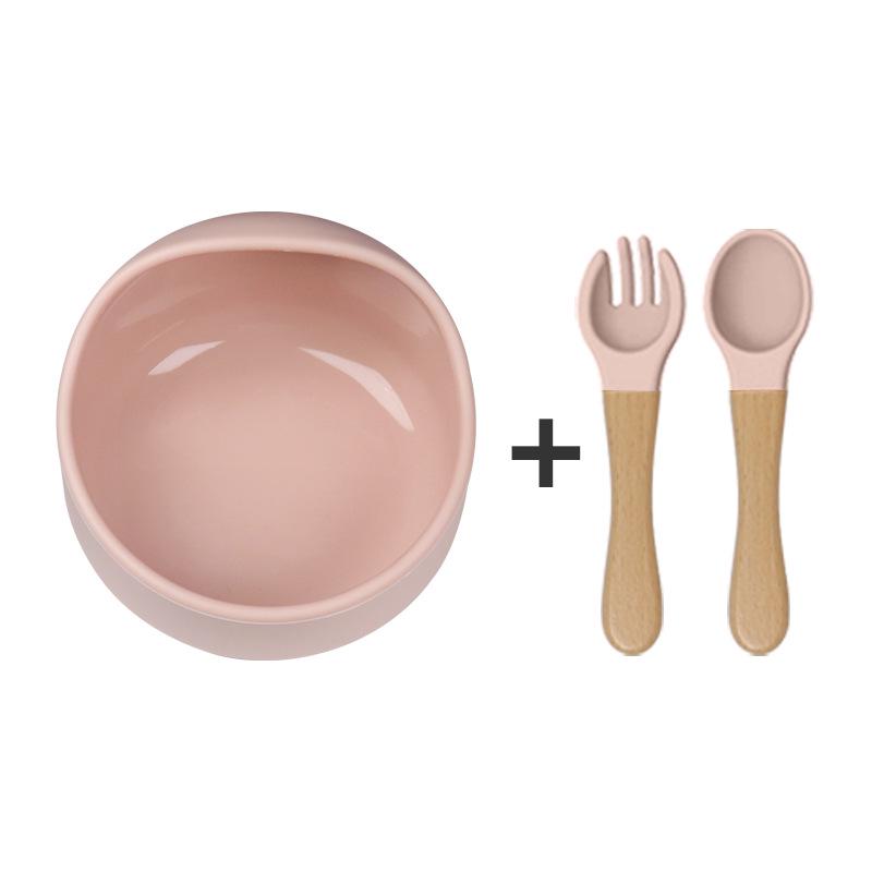 Silikon Saugbecher Baby Fütterset: Schneckenschale, Löffel & Gabel mit Holzgriffen, Leicht zu reinigen.